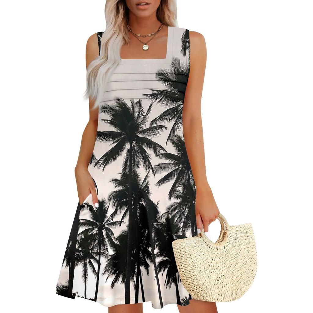 Women's Summer Casual Petal Slim Stripe Pleated Solid Color Dresses