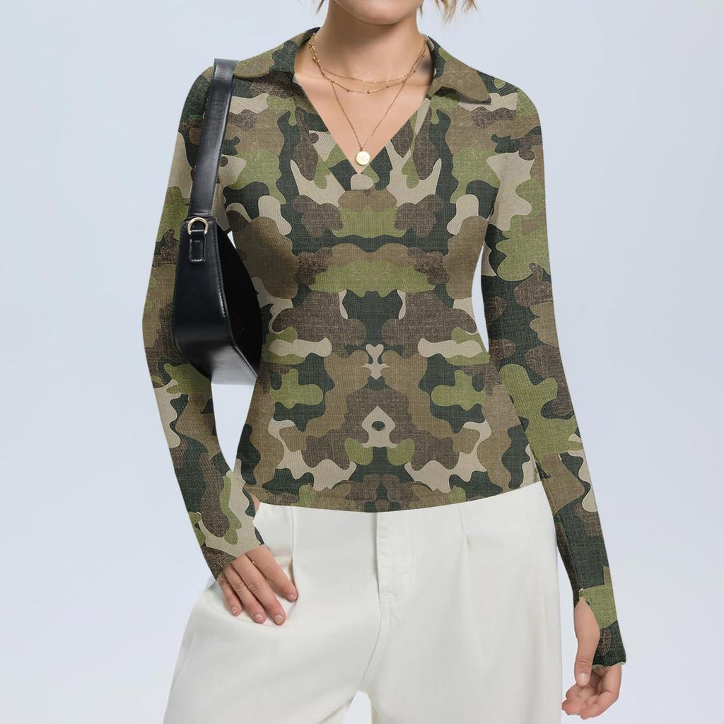 Women's Fashion Casual Print V-Neck Long Sleeve Button-Down Top