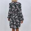 Women Floral Print Casual Short Dress Fall A-Line V-Neck High Waist Puff Sleeve Black S-XL