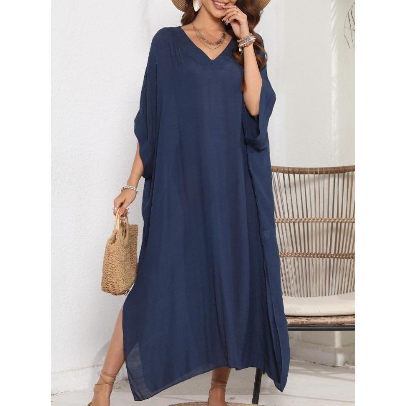 Женское свободное повседневное платье с V-образным вырезом, разрезом и юбкой длиной до пола