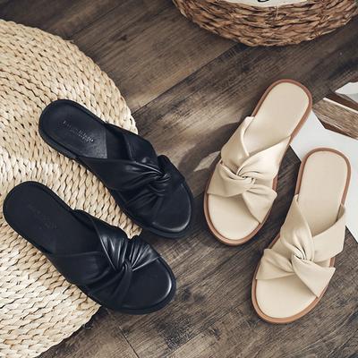 Модные тапочки из мягкой кожи с бантом-скруткой, женские лаконичные сандалии с перекрещенными ремешками, шлепанцы на низком каблуке, пляжная обувь, летние женские шлепанцы, повседневные клоги