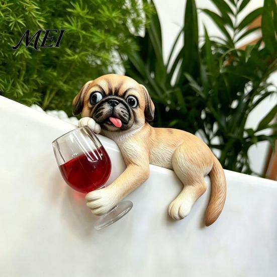 Resin Animal Ornament Lying Pug Statue for Planter, Dog Figurine with Red Wine Funny Pet Glass, Cute Flower Pot Edge Decoration Creative Planter Decor