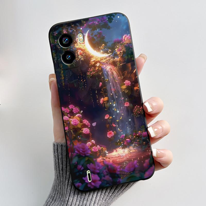 Jelly Black Phone Case For Tecno Pop 6 BE7 Bumper Soft Silicone Case Ins Style Dreamy Flower Floral Pattern Shockproof Cover