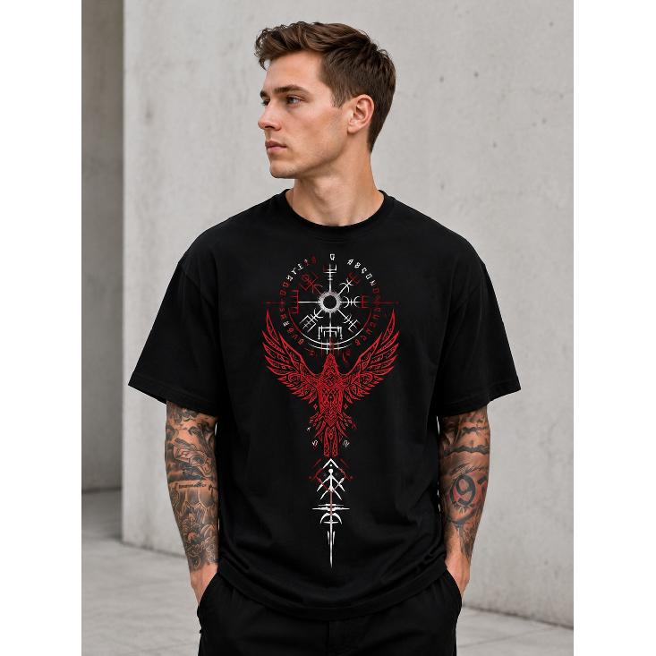Men's black short-sleeve t-shirt with red and white viking raven graphic, crew neck, relaxed fit, soft cotton feel, for casual streetwear or festival