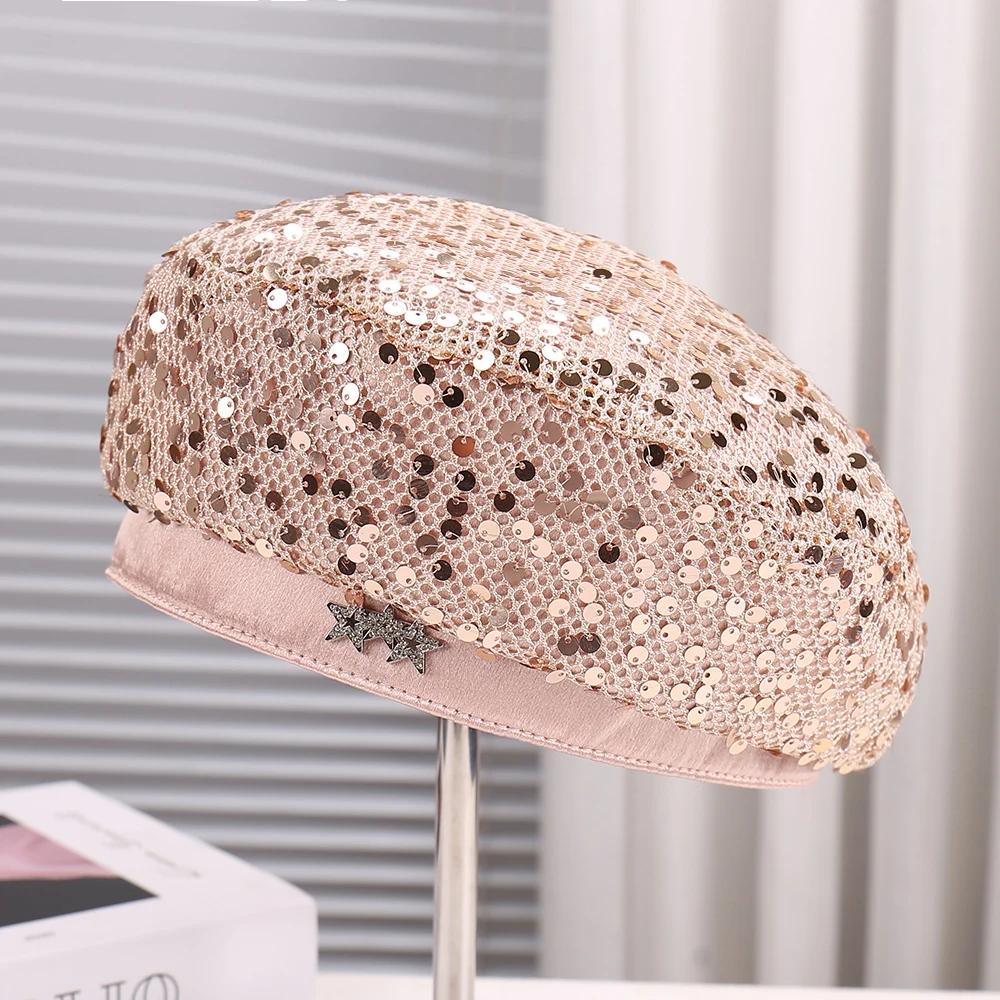 Fashionable Glitter Decorated Hollow Mesh Beret Hat Adjustable Size Outdoor Travel Photography Metal Tagged Cap for Women