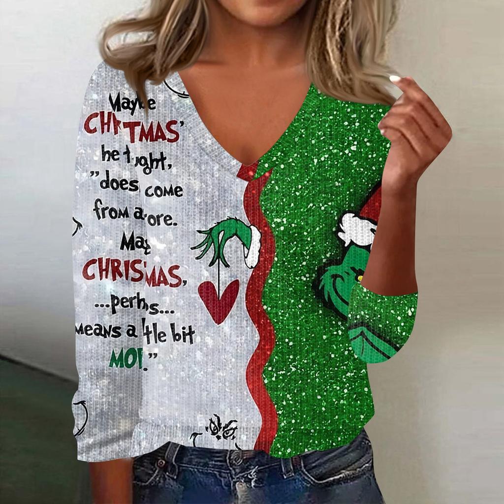 Women's Cute Sweatshirt Knitted Fashion Casual V-neck Long-sleeved Cozy Print Top