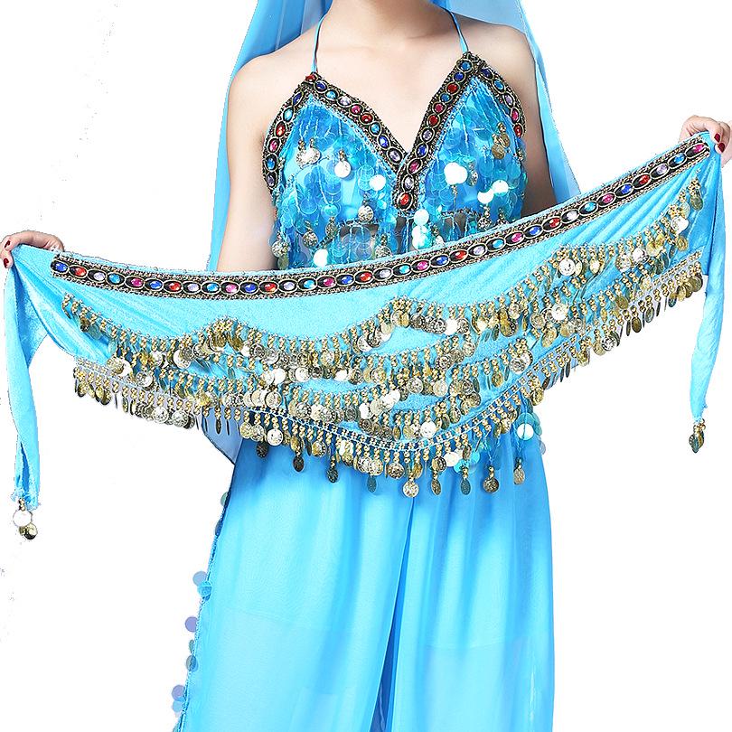 Belly Dance Waist Chain and Arm Scarf with Colored Rhinestones for Practice and Performance