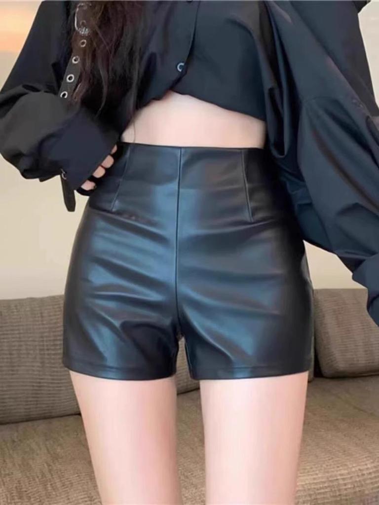 Women's A-Line PU Leather Shorts - Slim Fit, Sexy Korean Style, Perfect for Fall/Winter 2023.