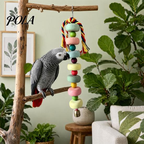 Parrot Beak Grinding Stone Stone, Colorful Beaded Chew Toy with Bell, Birdcage Care Hanging for African Grey Cockatiels Budgies Anxiety And