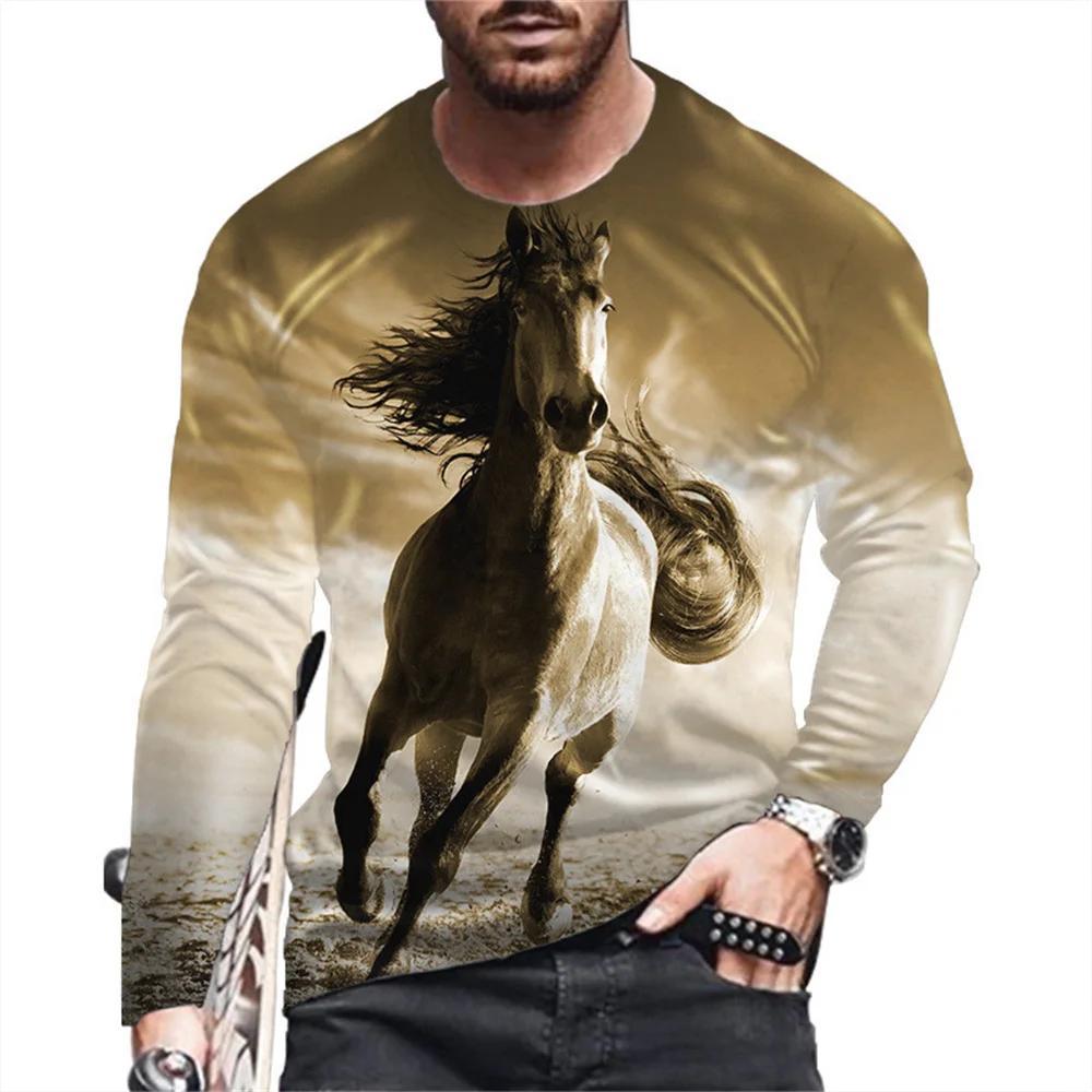Animal Horse Pattern Printed Men's Long Sleeved T-Shirt Creative Personality Street Fashion Casual Quality Comfortable Clothing