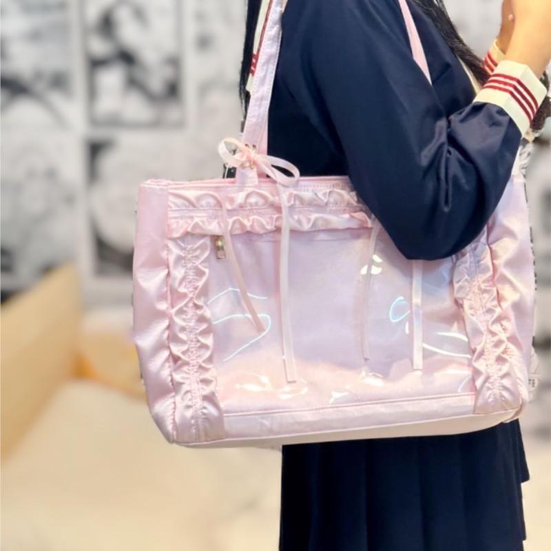 Japanese Sweet Cute Satin Bow Tie Shoulder Bag Women Transparent Badge Anime Ita Bag Ladies Large Capacity Square Handbag 2025