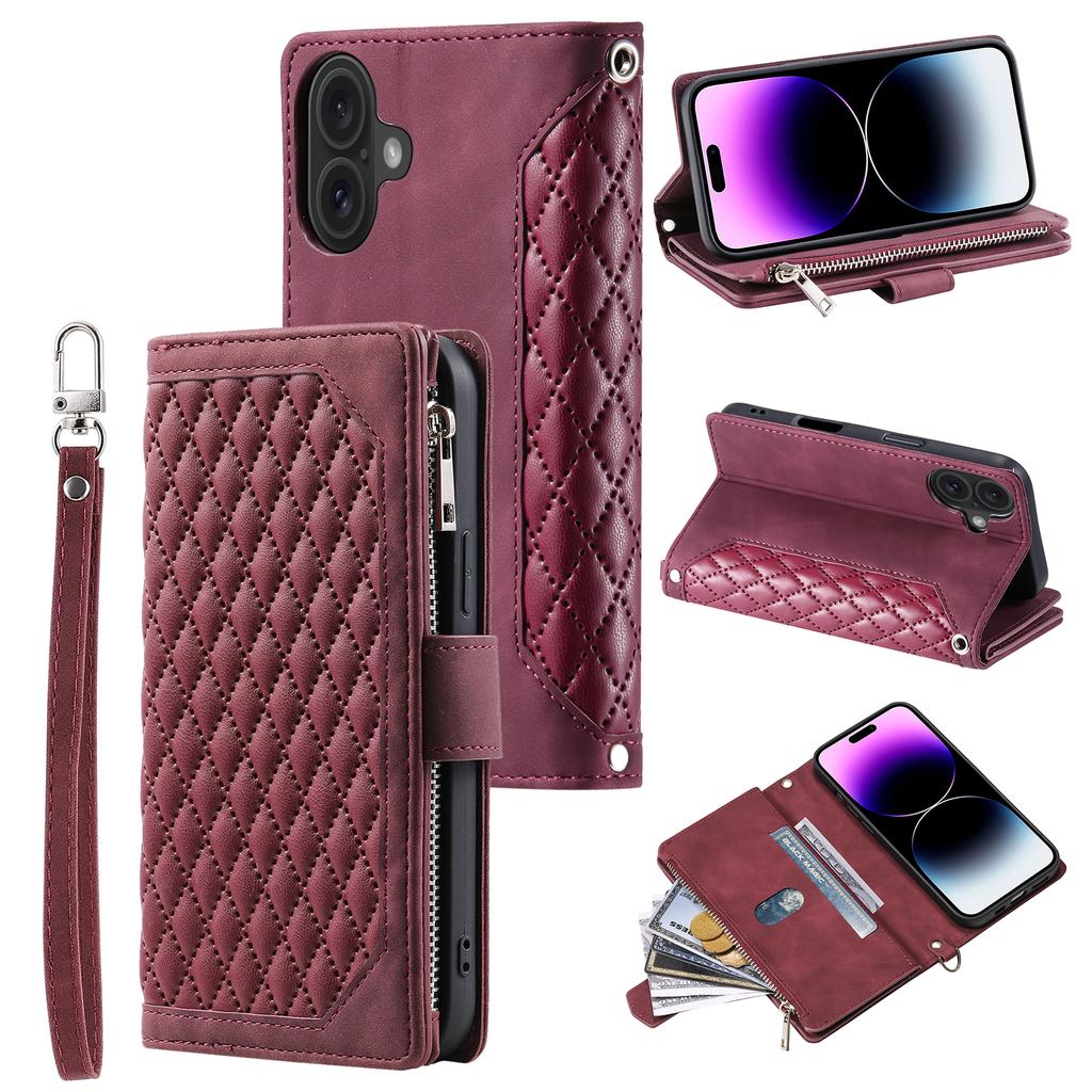 For iPhone 17 Wallet Case Rhombus Stitching Line PU Leather Phone Cover with Wrist Strap