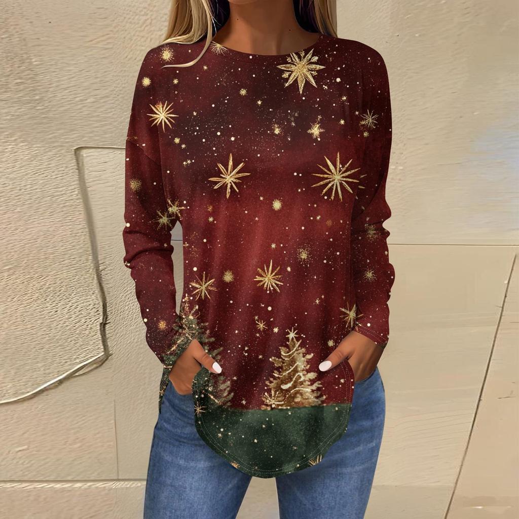 Ladies' Loose Round Neck Retro Pattern Printed Long Sleeved T-shirt Top Pullover For Christmas