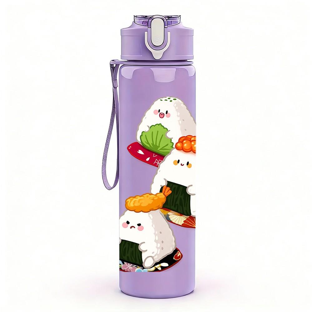 1PC Rice Ball Cartoon Pattern 750ml Color Plastic Sports Water Bottle Leakproof Flip Straw Lid Suitable for Sports Office Home Use