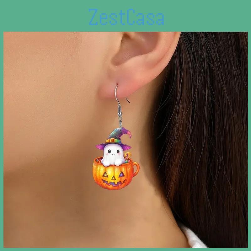 Halloween Themed Ghost Pumpkin Pot Pattern Women Acrylic Earrings Festival For