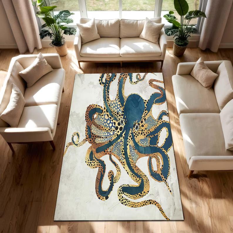 Abstract Watercolor Octopus Rug Ocean Creature Design Non-Slip Carpet Vintage Nautical Octopus Art Floor Mat for Living Room