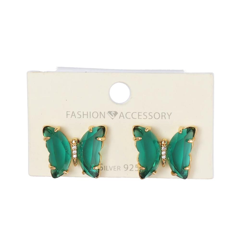 Crystal Glass Butterfly Stud Earring for Women Hole Green Transparent Animal Jewelry Christmas Girl Gift