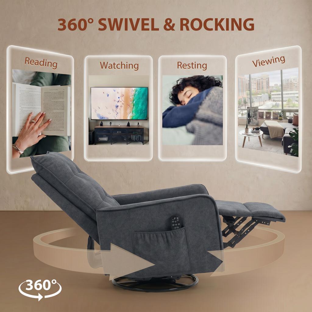 Recliner Armchair, Chenille Recliner Chair with Massage and Heat, 360 degrees Swivel Rocking Manual Recliner, Dark Grey