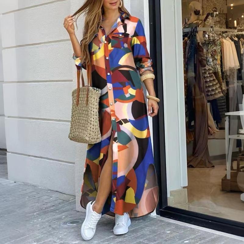 Женские модные платья Vestidos повседневные сексуальные большие размеры свободные длинные рукава леопардовый принт макси рубашка платье S-5XL