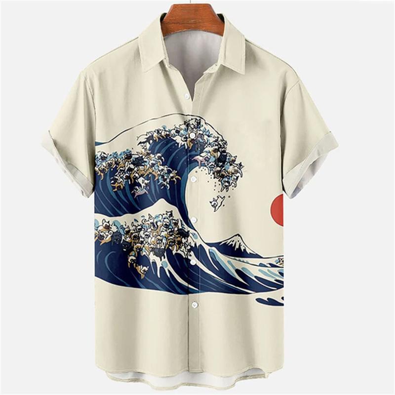 Men's Hawaiian Retro Waves Shirts 3D Printed Short Sleeves Casual Lapel Beach Style Tops Fashion Versatile Style Clothing
