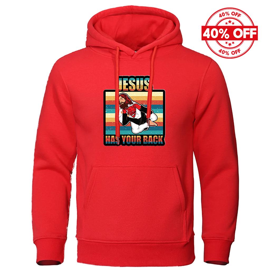 2025 Spring And Autumn Man's Solid Color Popular Coat Jesus Has Your Back Jiu Jitsu Retro Christian Logo Print Pullover Hoodies