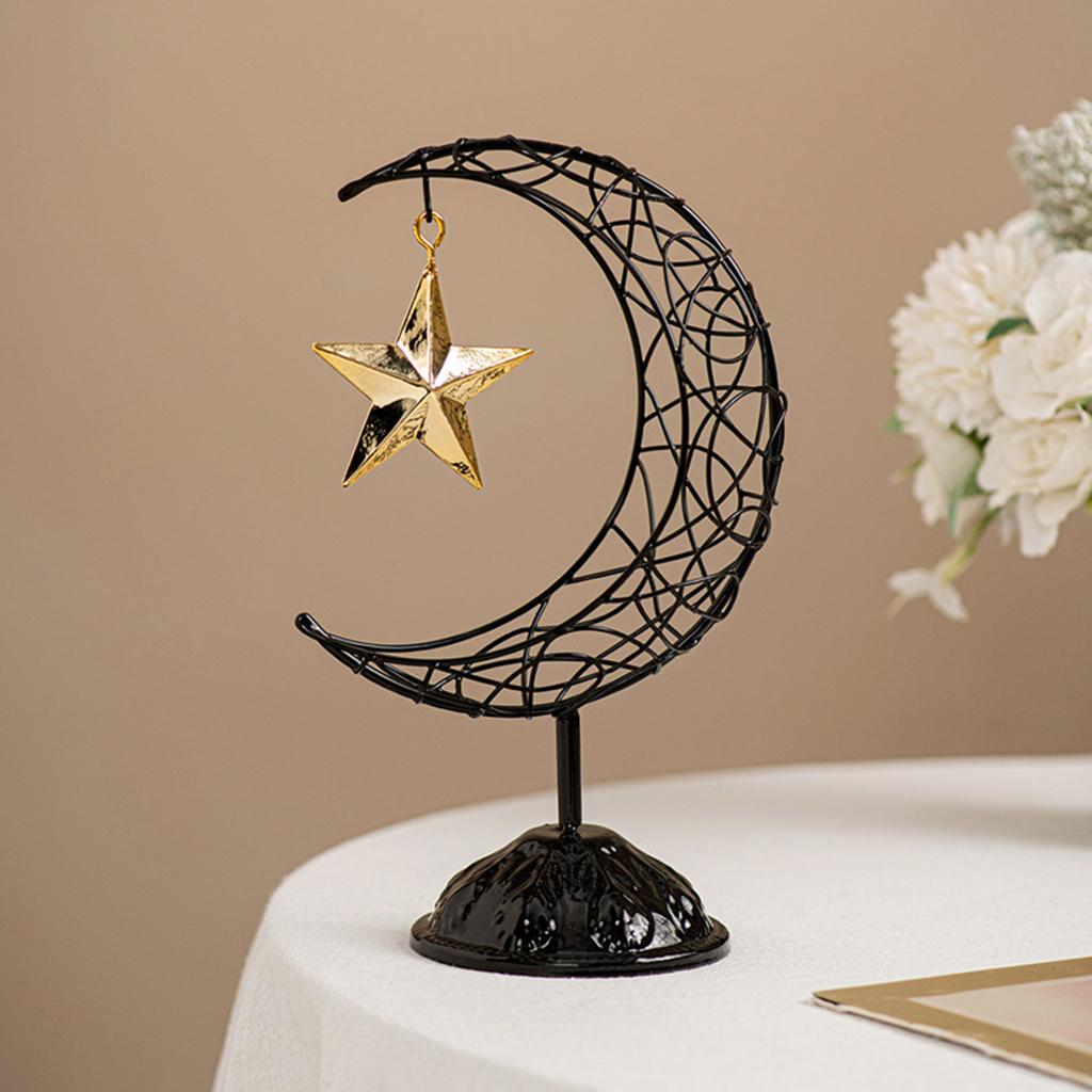 Eid Mubarak Ramadans Handheld Moon and Star Metal Hollowed Ornament Decors with Base for Muslims Islamic Party Supplies