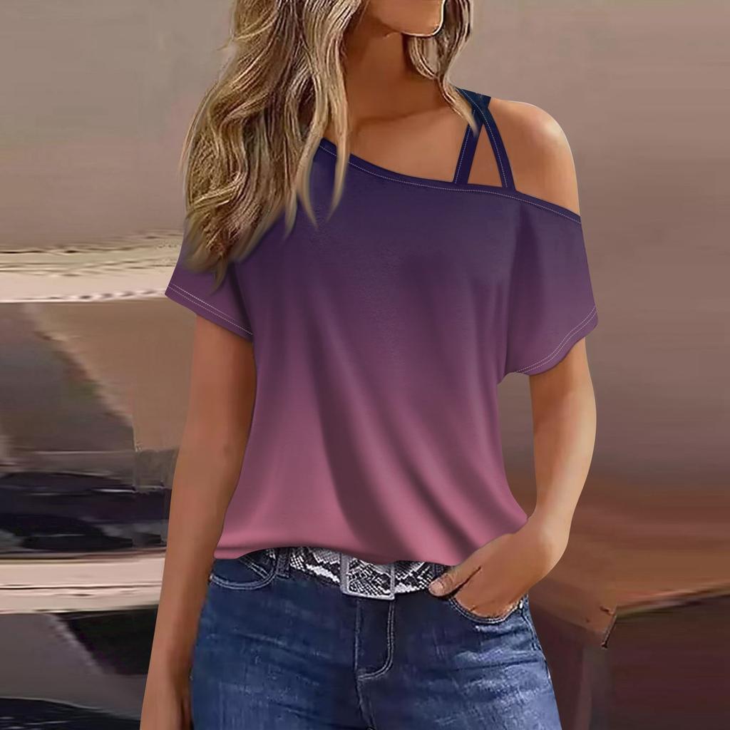 Women's Fashion Casual Print Sexy Cold Shoulder Short Sleeve T-shirt Top