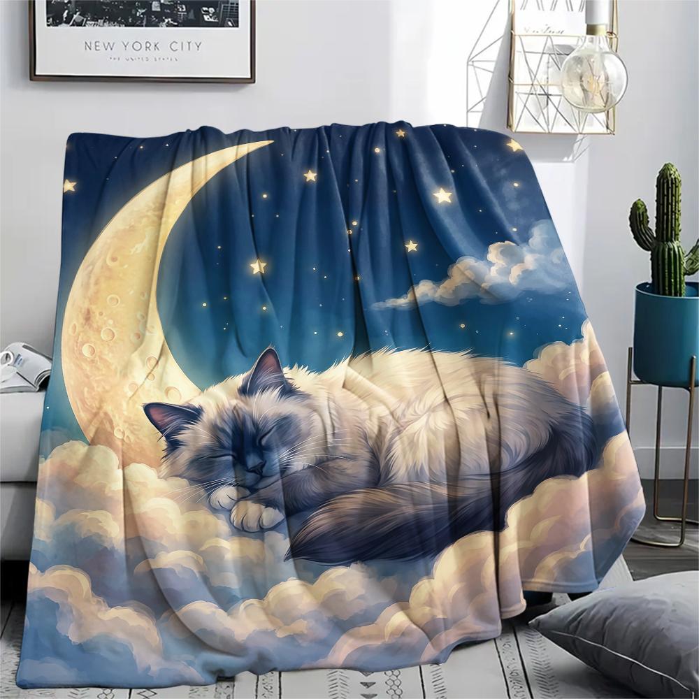 Cloud moon cat dog sleep Print Flannel Blanket,High quality Comfortable for All Seasons,Home Decor,Warmth and Comfort,Perfect for Christmas Gifts