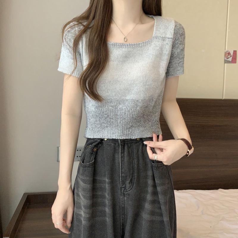 Color Blocked Square Neck Short Sleeved Knitted Sweater for Women In Summer Retro and Niche Short Style Slimming Top