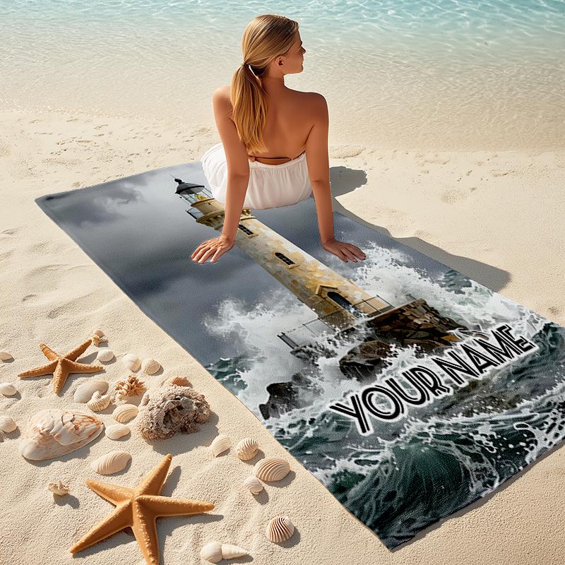 1PC Custom Name Lighthouse Stormy Sea Beach Towel Highly Absorbent And Sand-Resistant Towel for Swimming, Pool, Yoga, And Travel Lightweight