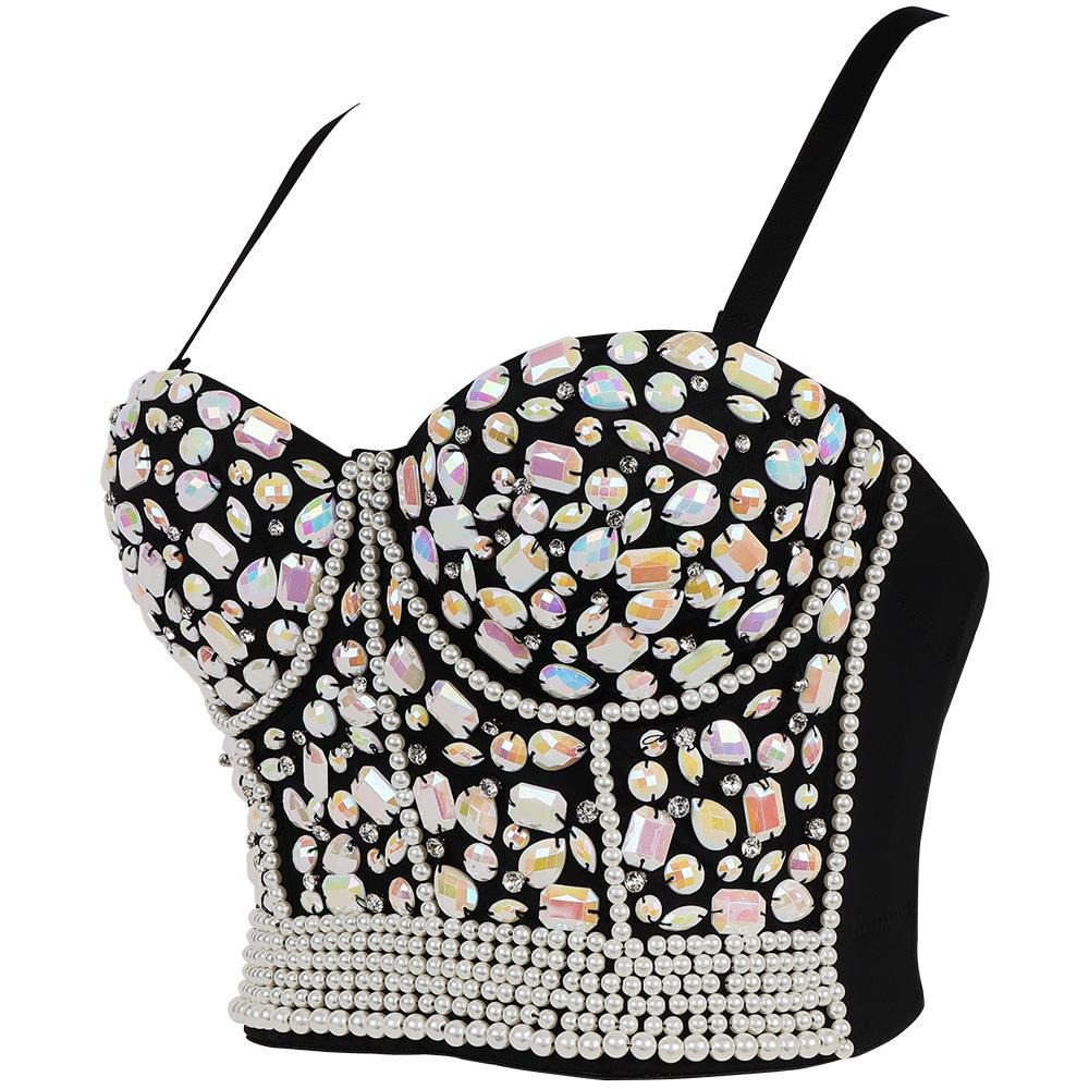 Crystal Rhinestone Diamond Acrylic Stone Pearls Camis Corset Bras Push Up Crop Top Women Carnival Club Party Cropped