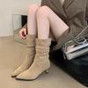 Мода 2024 года, высококачественная женская обувь, женские сапоги без застежек, модные плиссированные современные сапоги, женские сексуальные сапоги с острым носком до середины голени Zapatos