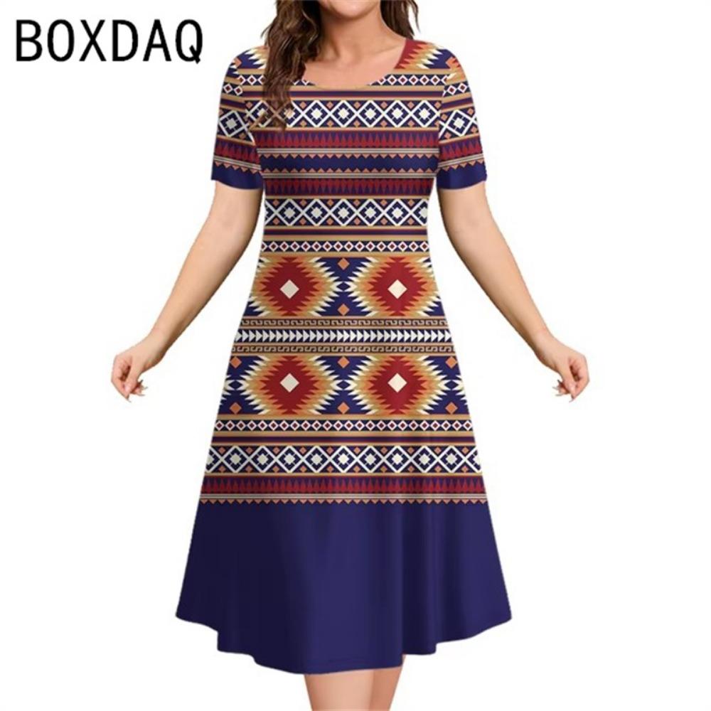 Элегантное А-силуэтное платье 3XL, женское, с коротким рукавом, круглым вырезом, повседневное, с винтажным этническим стилем, оверсайз, с принтом в виде букв