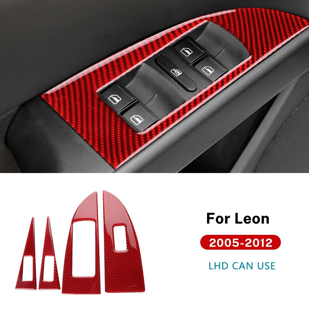 Real Soft Carbon Fiber For Seat Leon 2005 2006 2007 2008 2009 2010 2011 2012 Car 4-Door Window Button Panel Sticker Accessories