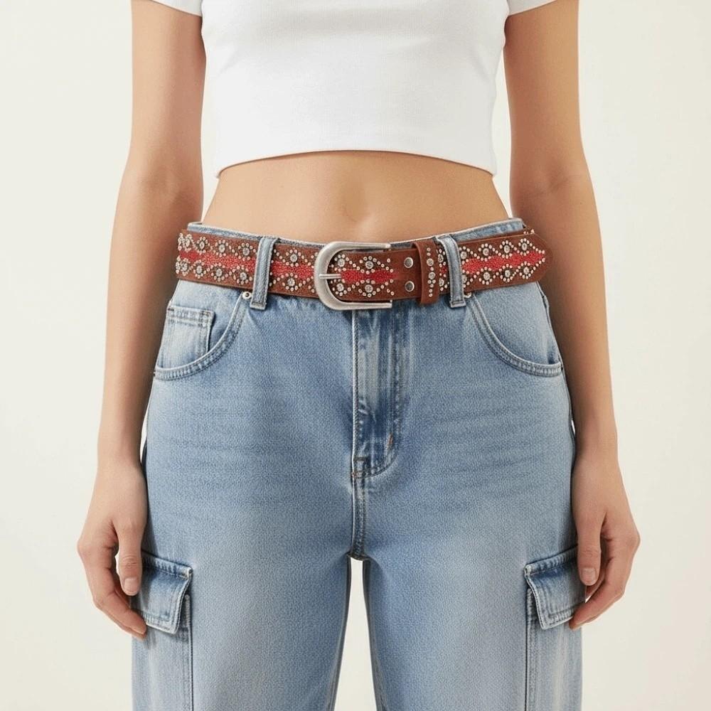 Contrast Color Y2K Punk Belt Gothic Vibe Eye Catching Western Studded Belt Adjustable Length Durable Alloy Buckle