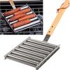 1 Set Sausage Roller Rack with Wooden Long Handle 4 Sticks Food-Grade Stainless Steel Heat-Resistant Hot Dog Roller BBQ