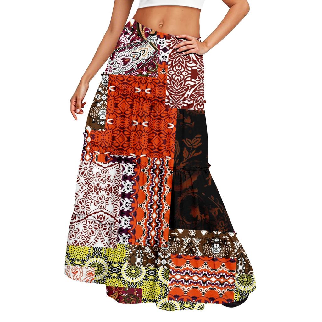 Women's Printed Elastic Waist Loose Hem Long Skirt