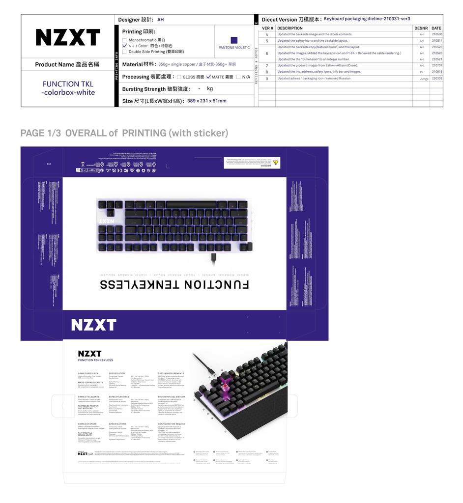 NZXT FUNCTION TENKEYLESS Gaming KB592 Keyboard, White, KB-1TKUS-WR,