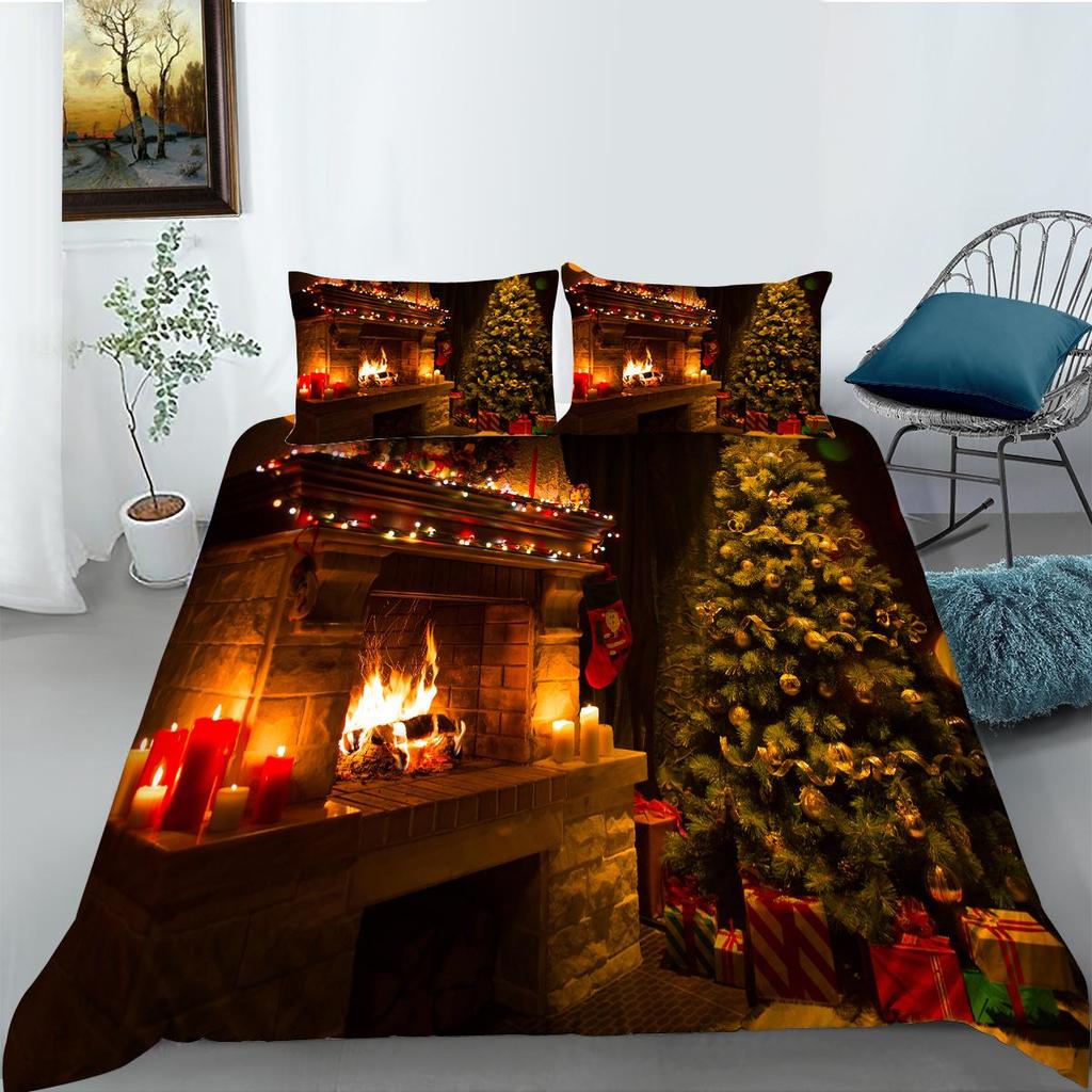 3D Christmas Bedding Holiday Decoration Quilt Cover Pillowcase 2 or 3 Double Bed Single Bed Full Size Soft Washable Zipper Home Decoration
