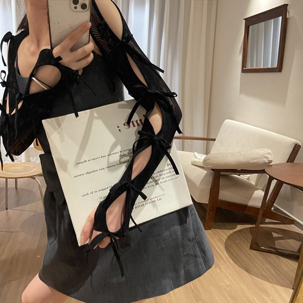 Korean Style Y2K Lace Oversleeve Punk Bow Fingerless Gloves Arm Cover Balletcore Sleeves Gothic