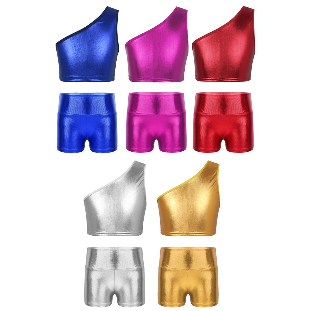 Kids Girls Metallic Single Shoulder Crop Top with High Waist Shorts for Sports Gymnastics Workout