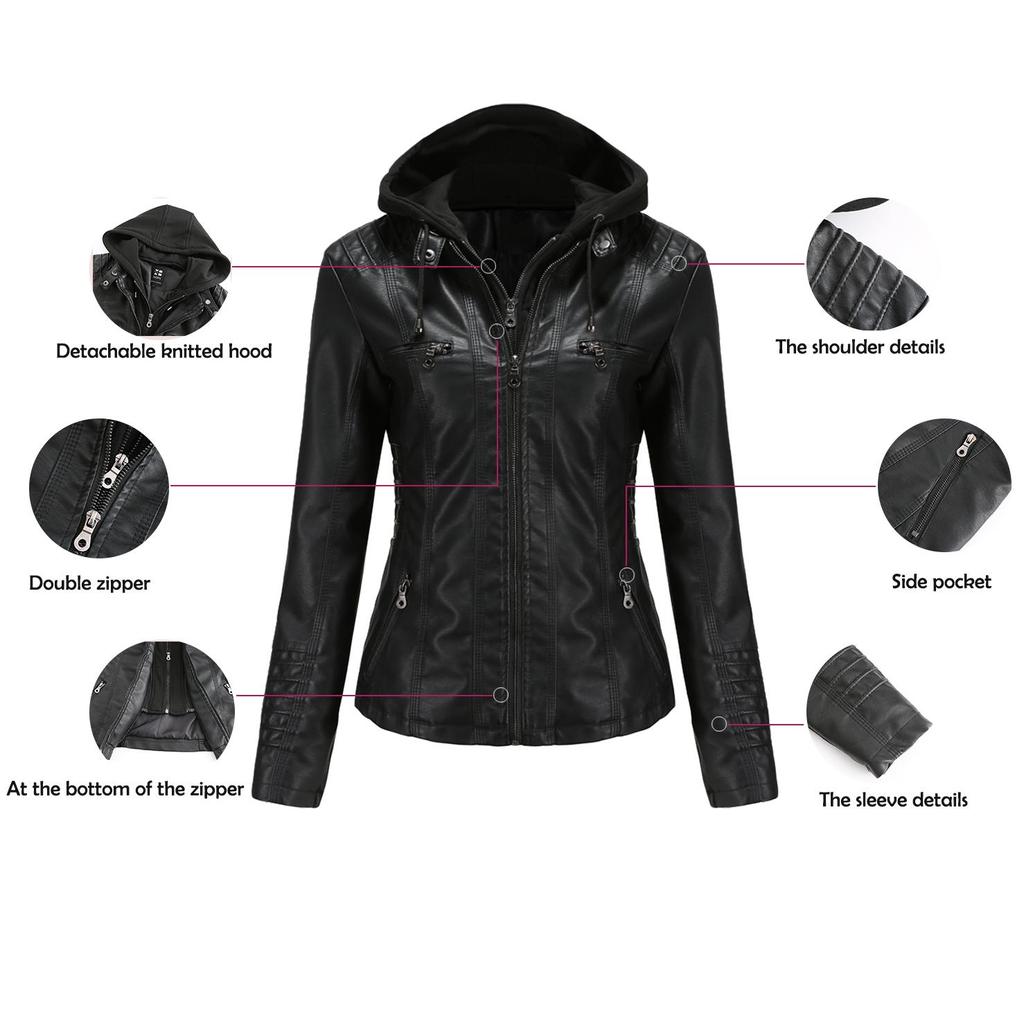 Women's Removable Hooded Faux Leather Jacket Motocross Racer Biker Double Zip Slim PU Motorcycle Short Moto Coat Classic Bomber Outerwear S-4XL
