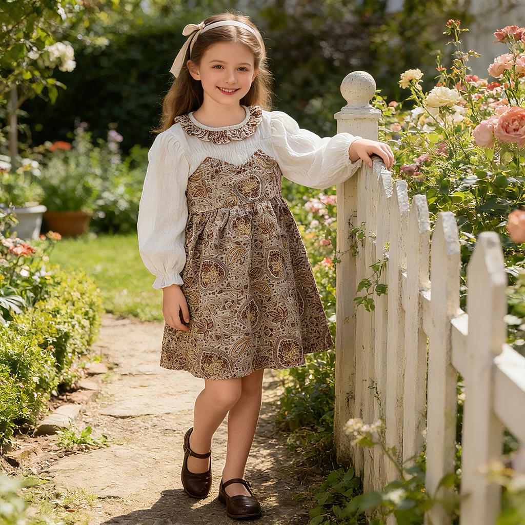 Girls' Spring and Autumn Floral Dress, Sweet Princess Dress for Young Children, Girls' Children