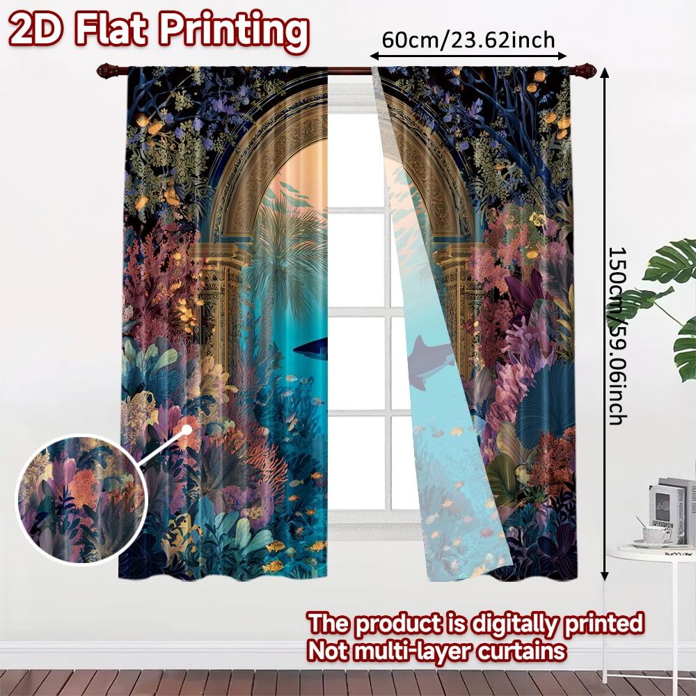 2pcs, 2D FLAT PRINTING Curtains (Without Rod) Ocean Paradise Christmas Festival Creative Curtains Versatile Polyester Fabric