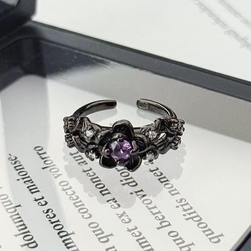 Винтажное кольцо с темной лозой, розово-фиолетовым бриллиантом, открытое кольцо-лепесток, нишевое, с высоким чувством стиля, простое кольцо