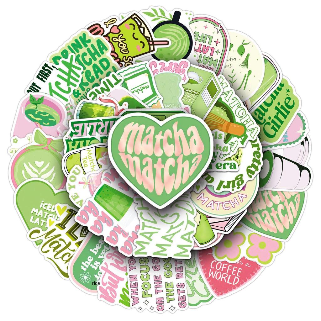 50 Matcha Girl Aesthetic Stickers - Fresh Green & Pink Graffiti for Notebooks & Cups