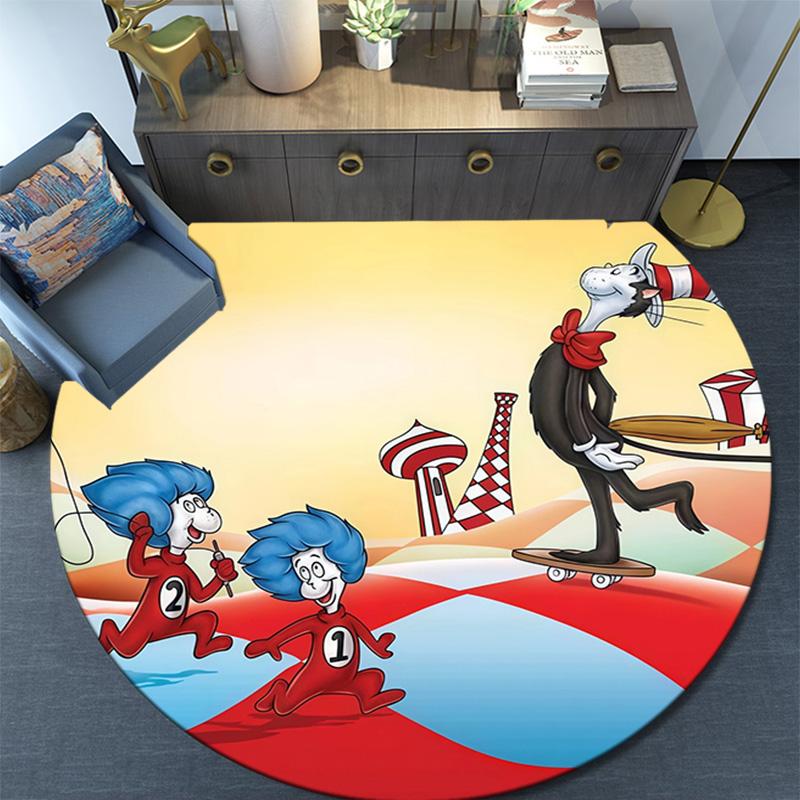 The Cat in the Hat Round Area Rug,Carpet Rug for Living Room Bedroom Sofa Playroom Decor,Non-slip Floor Mat