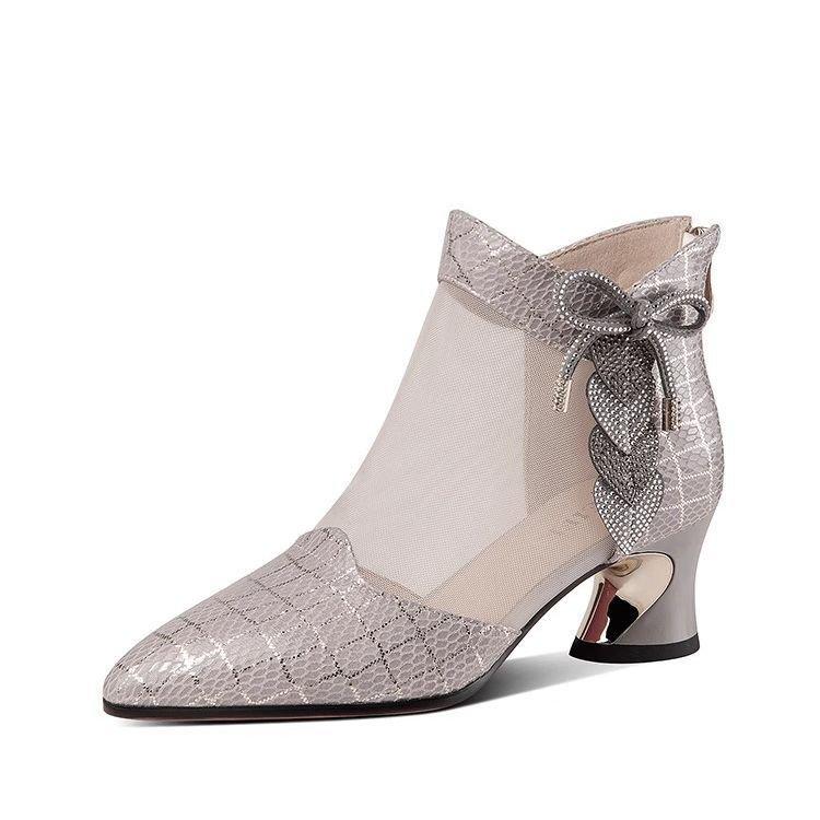 Новые сетчатые сапоги с тонким бантом, женские туфли из дышащей сетки со стразами, большие размеры 34-43, женские туфли на высоком каблуке с острым носком