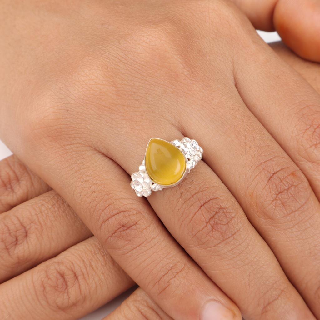 Yellow Cat's Eye Gemstone 925 Solid Silver Jewelry Handmade Women Ring For Gift RR-59-41