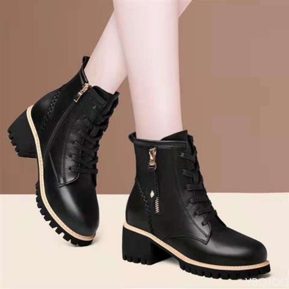 Women Shoes Boots Ankle 2024 Autumn British Wind Genuine Leather Thick With Fur Ladies Short Boots Motorcycle